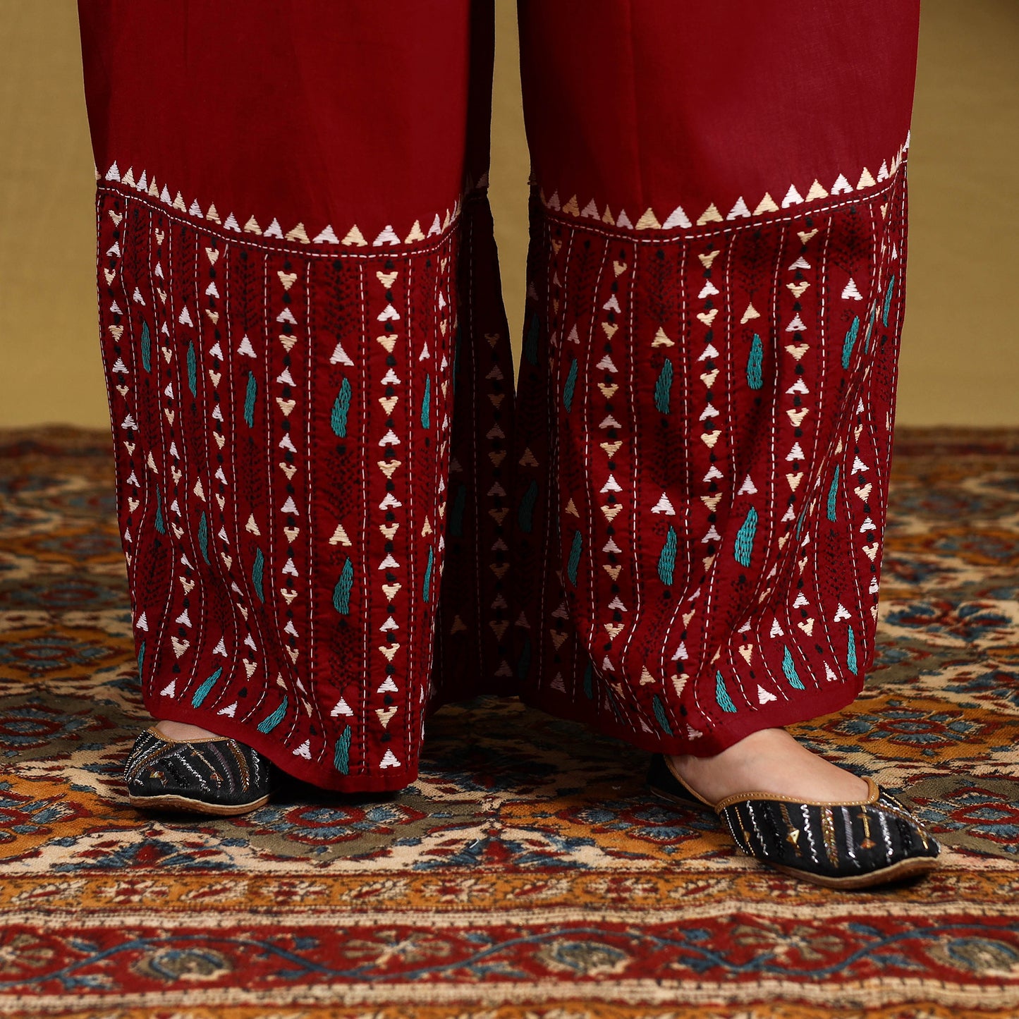 Buy Red Cotton Bengal Kantha Hand Embroidery Palazzo