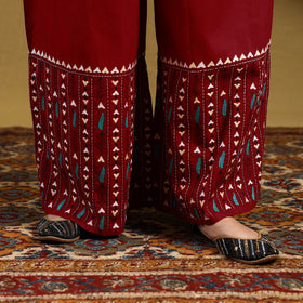 Buy Red Cotton Bengal Kantha Hand Embroidery Palazzo