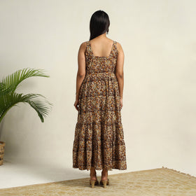 Pedana Block Print Mul Cotton Tiered Brown Kalamkari Dress