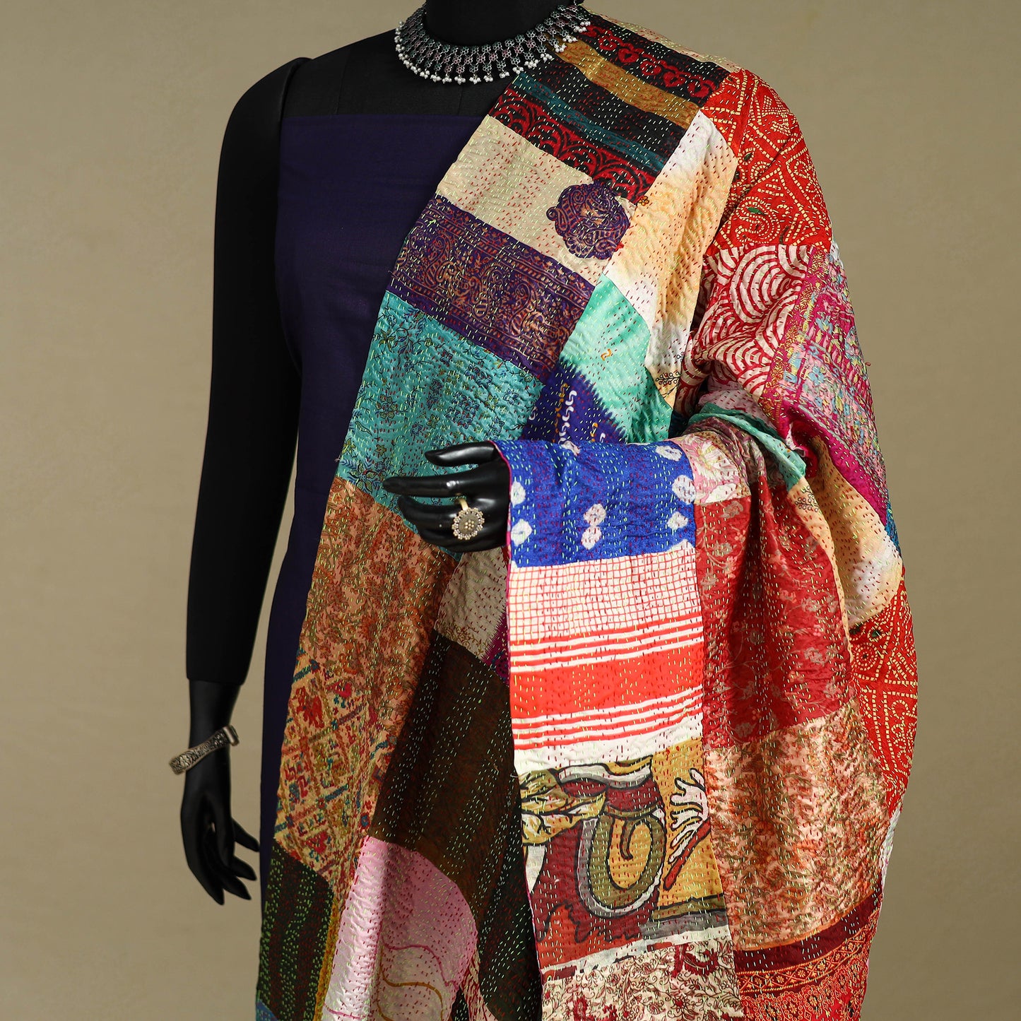 Multicolor - patchwork reversible silk bengal kantha work