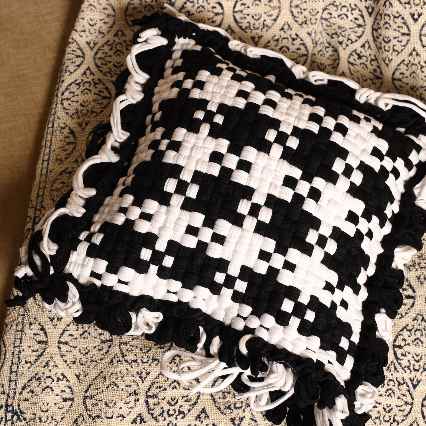 Black - handwoven upcycled cotton cushion cover (12 x 12