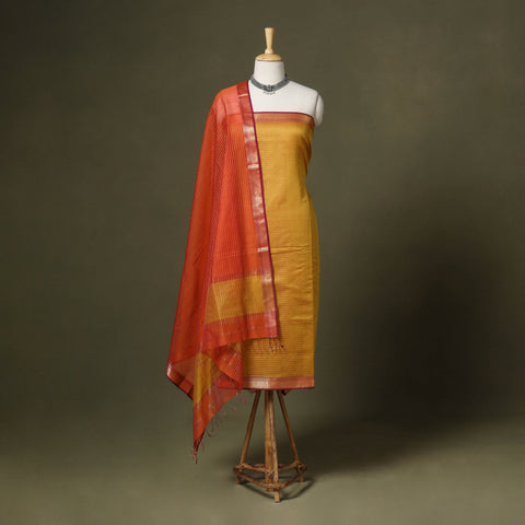 Yellow 2pc Handloom Unstitched Maheshwari Dress Material with Border