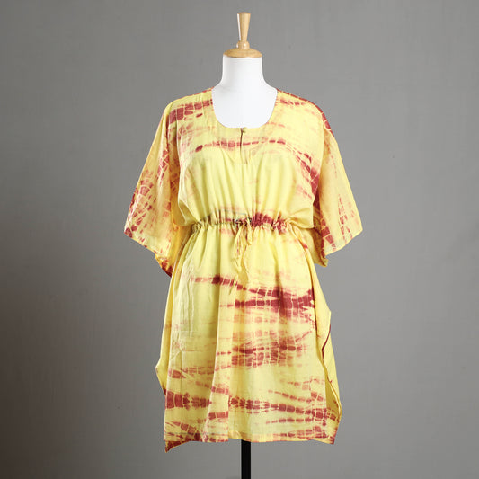 Yellow - Shibori Tie-Dye Cotton Kaftan with Tie-Up Waist (Medium)