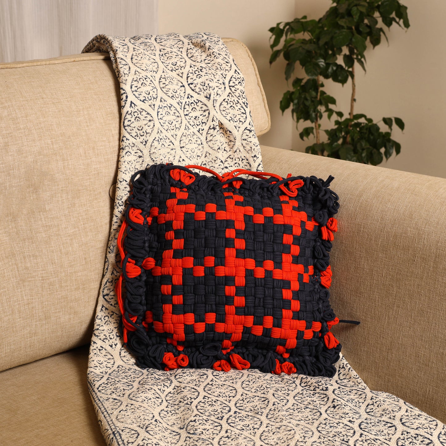 Blue - handwoven upcycled cotton cushion cover (12 x 12 in)