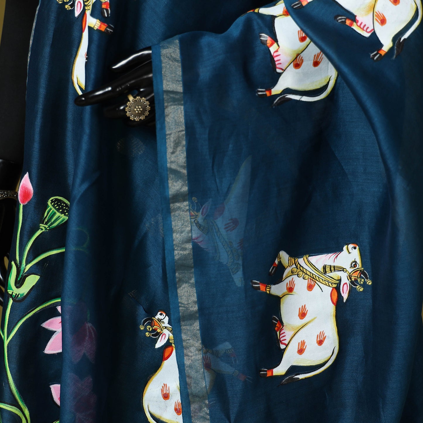 Blue - chanderi silk handpainted pichwai dupatta 12