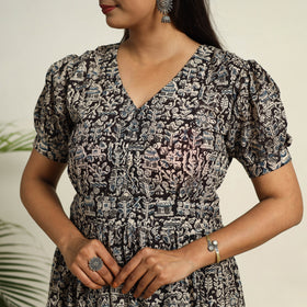 Pedana Block Print Mul Cotton Black Flared Kalamkari Dress