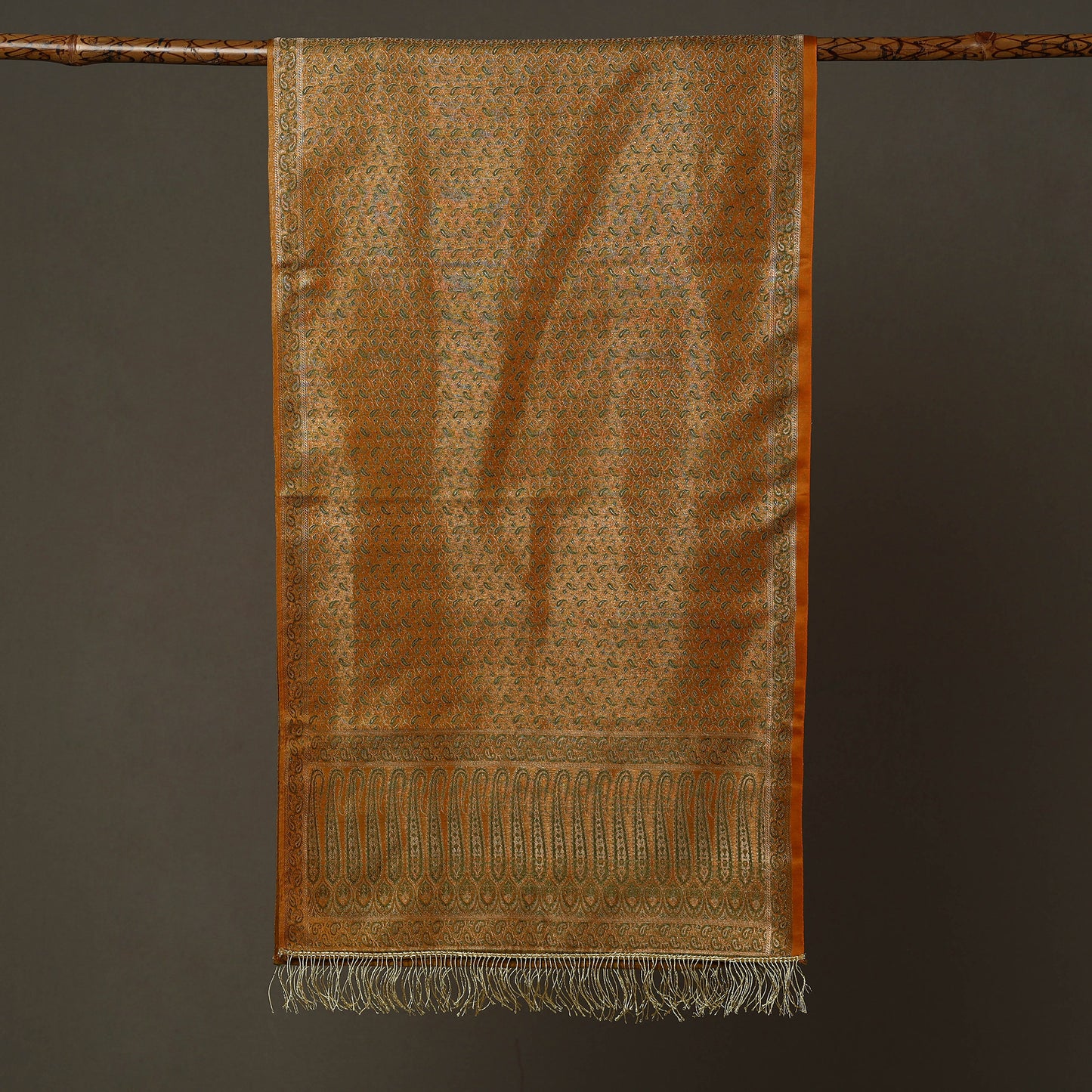 Orange - Banarasi Brocade Handloom Mulberry Silk Stole with Tassels 12