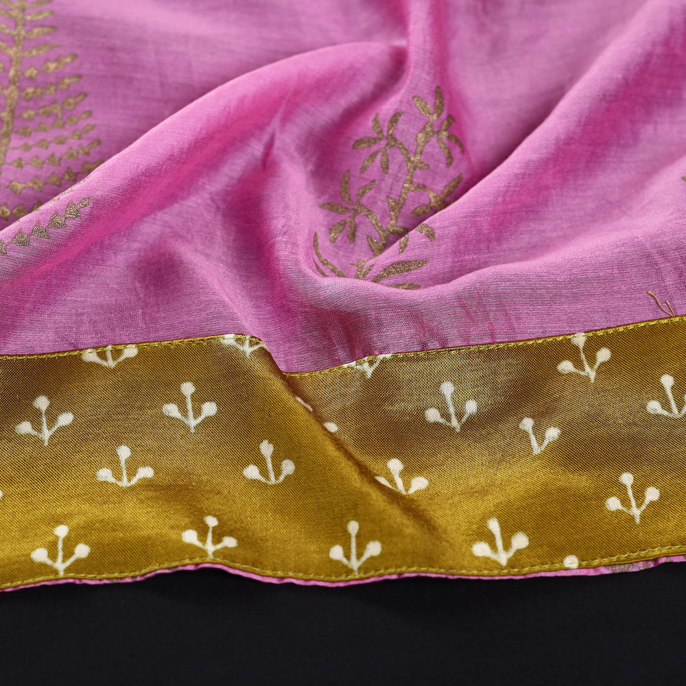 Pink - Sanganeri Gold Block Printed Chanderi Silk Blouse Piece 50