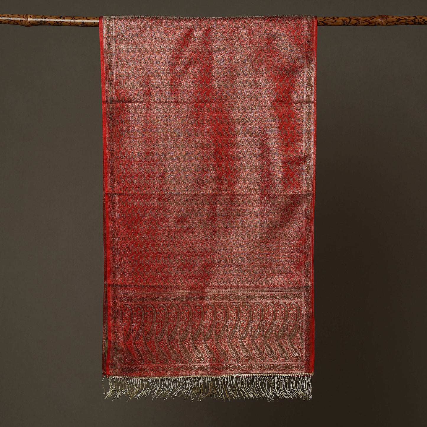 Red - Banarasi Brocade Handloom Mulberry Silk Stole with Tassels 11