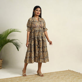 Beige Pedana Block Print Mul Cotton Tiered Kalamkari Dress