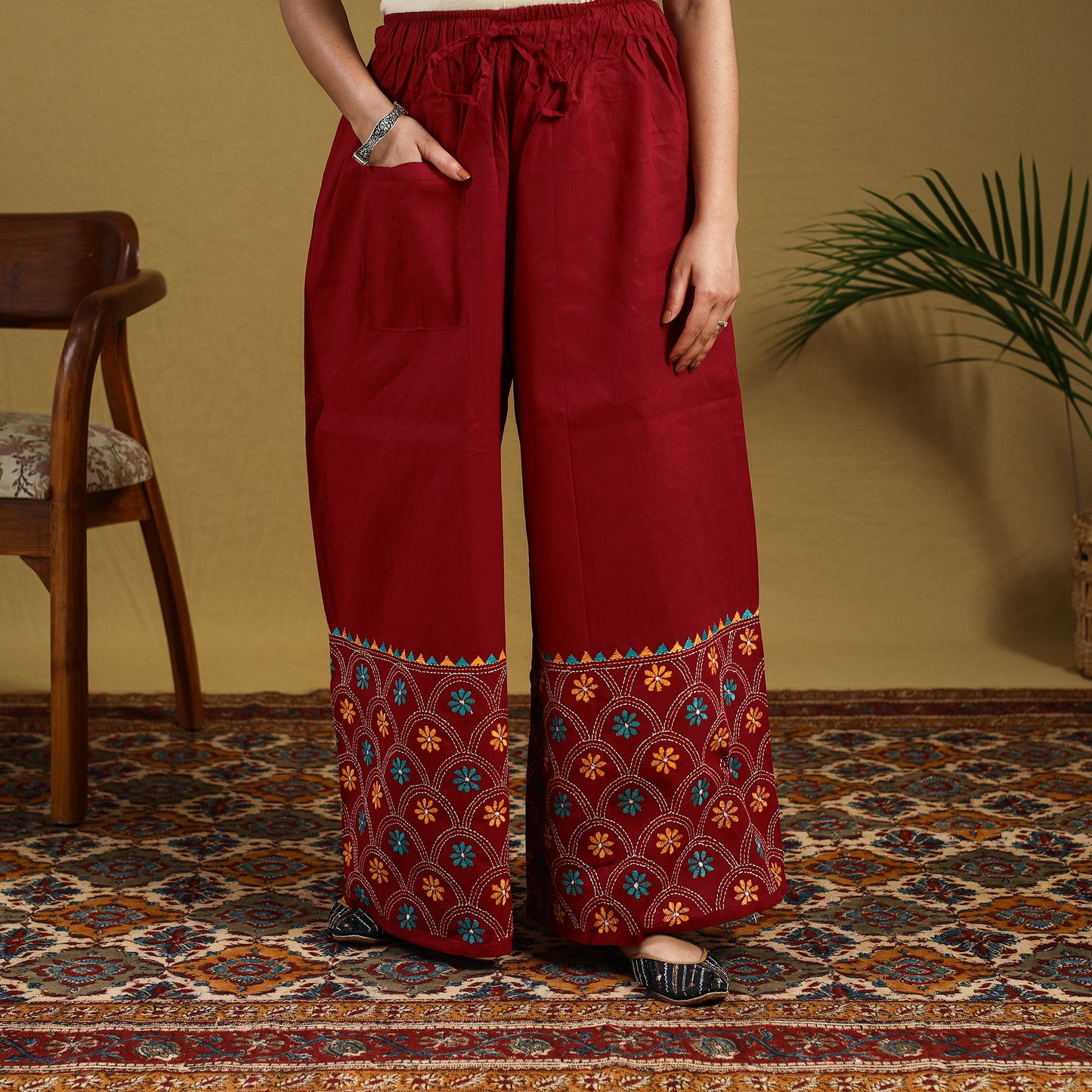 Red - cotton bengal kantha hand embroidery palazzo 36