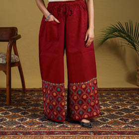 Red - cotton bengal kantha hand embroidery palazzo 36