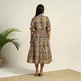 Beige Pedana Block Print Mul Cotton Tiered Kalamkari Dress