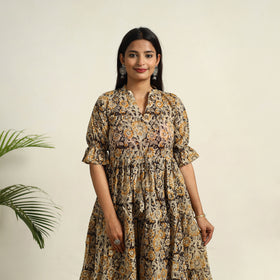 Beige Pedana Block Print Mul Cotton Tiered Kalamkari Dress