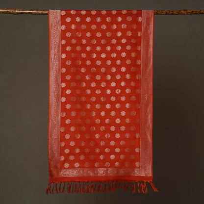 Orange - Banarasi Brocade Handloom Mulberry Silk Stole with Tassels 08