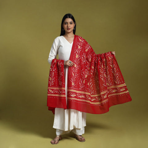  Red Cotton Hand Batik Print Dupatta