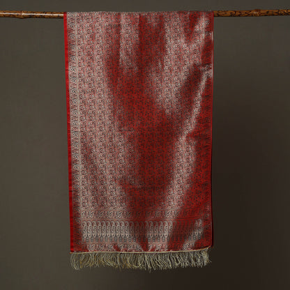 Red - Banarasi Brocade Handloom Mulberry Silk Stole with Tassels 06