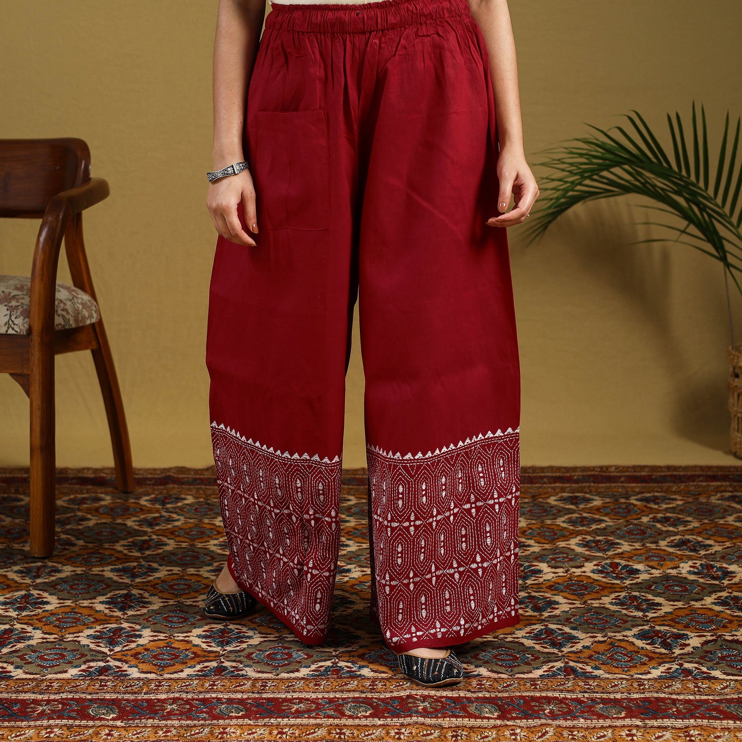 Red - cotton bengal kantha hand embroidery palazzo 37