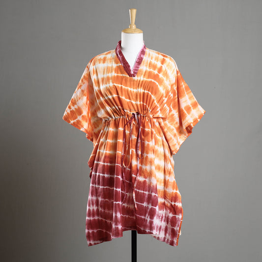 Orange - Shibori Tie-Dye Cotton Kaftan with Tie-Up Waist (Medium)