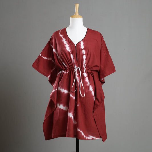 Maroon - Shibori Tie-Dye Cotton Kaftan with Tie-Up Waist (Medium)