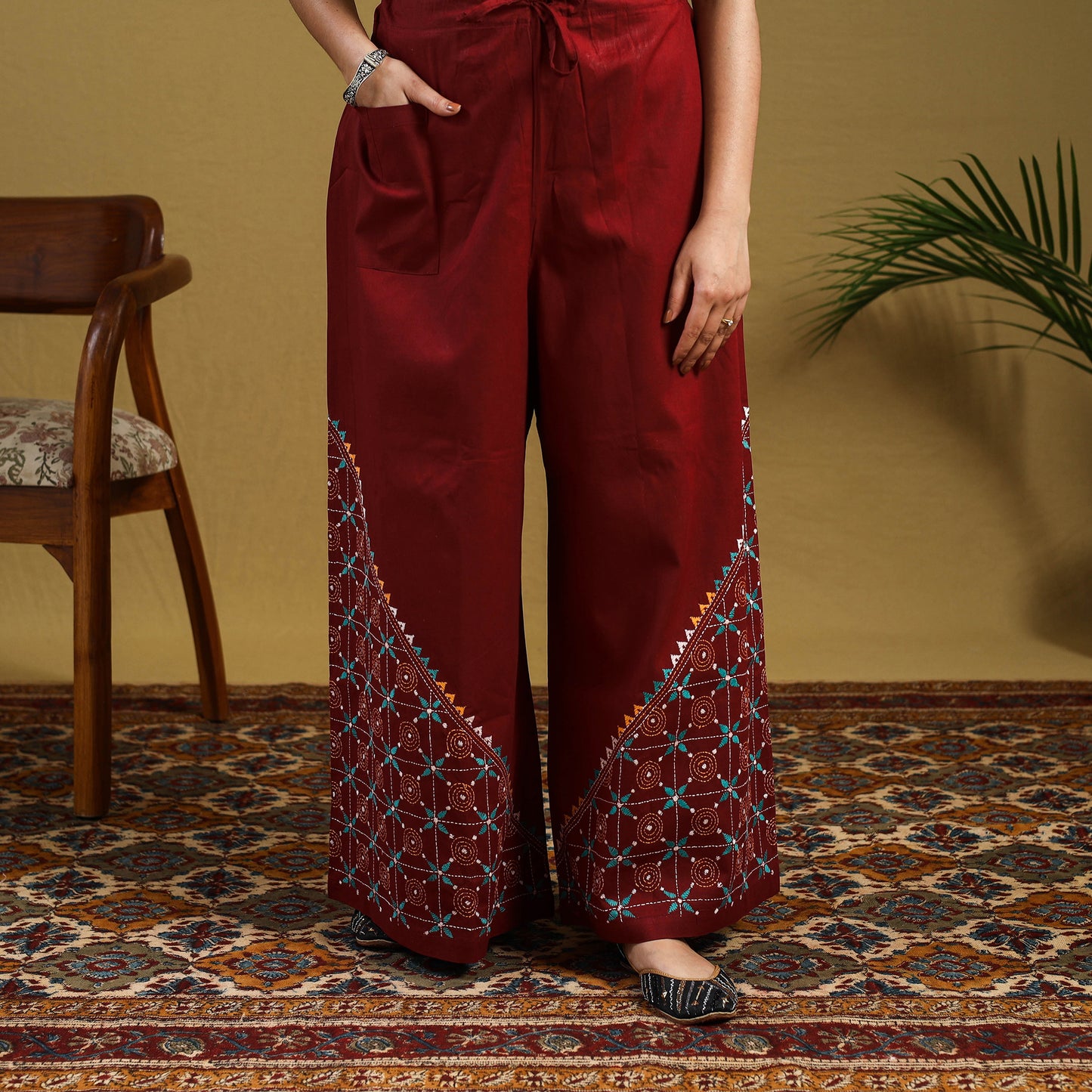 Maroon Cotton Bengal Kantha Hand Embroidery Palazzo