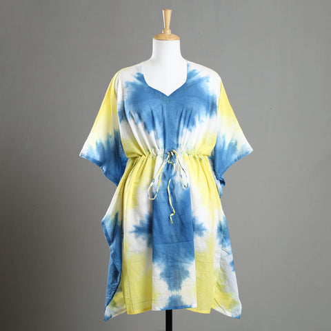 Multicolor - Shibori Tie-Dye Cotton Kaftan with Tie-Up Waist (Medium)