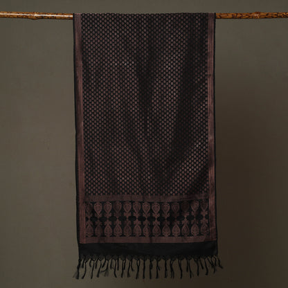 Black - Banarasi Brocade Handloom Mulberry Silk Stole with Tassels 02