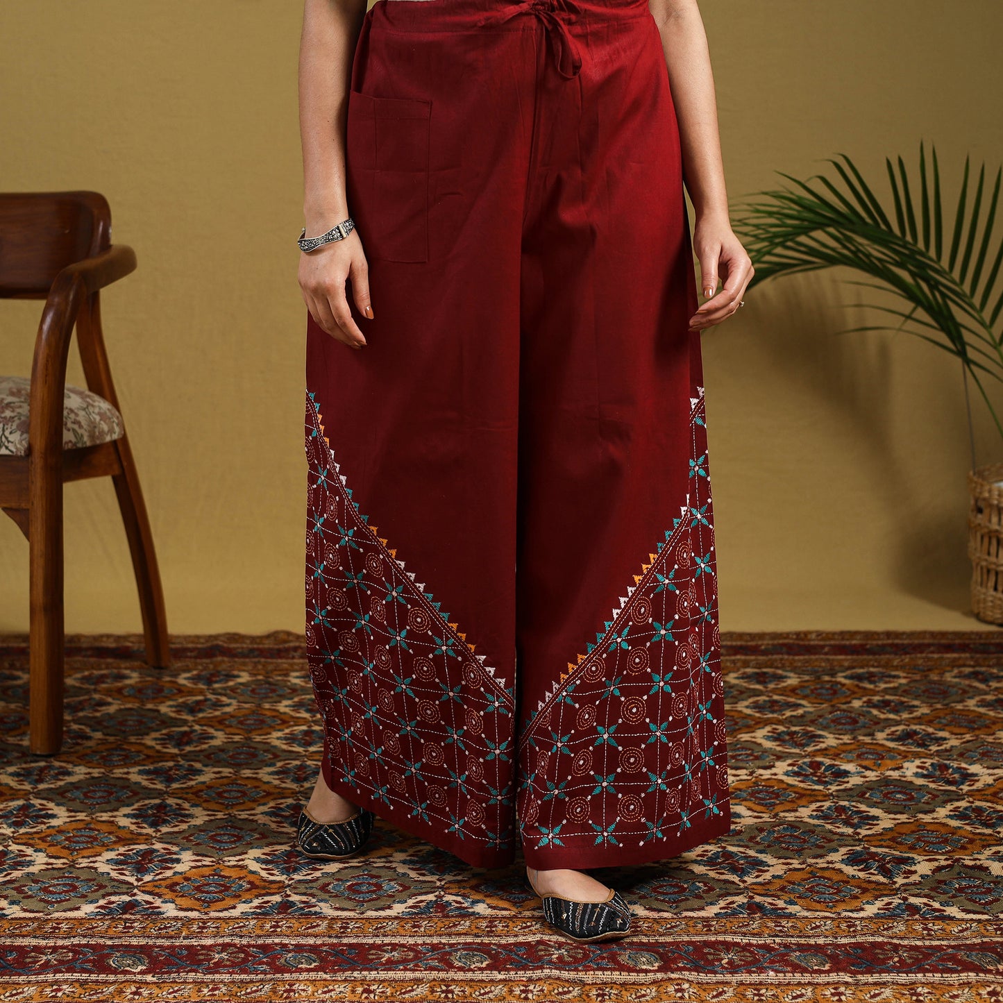 Maroon Cotton Bengal Kantha Hand Embroidery Palazzo
