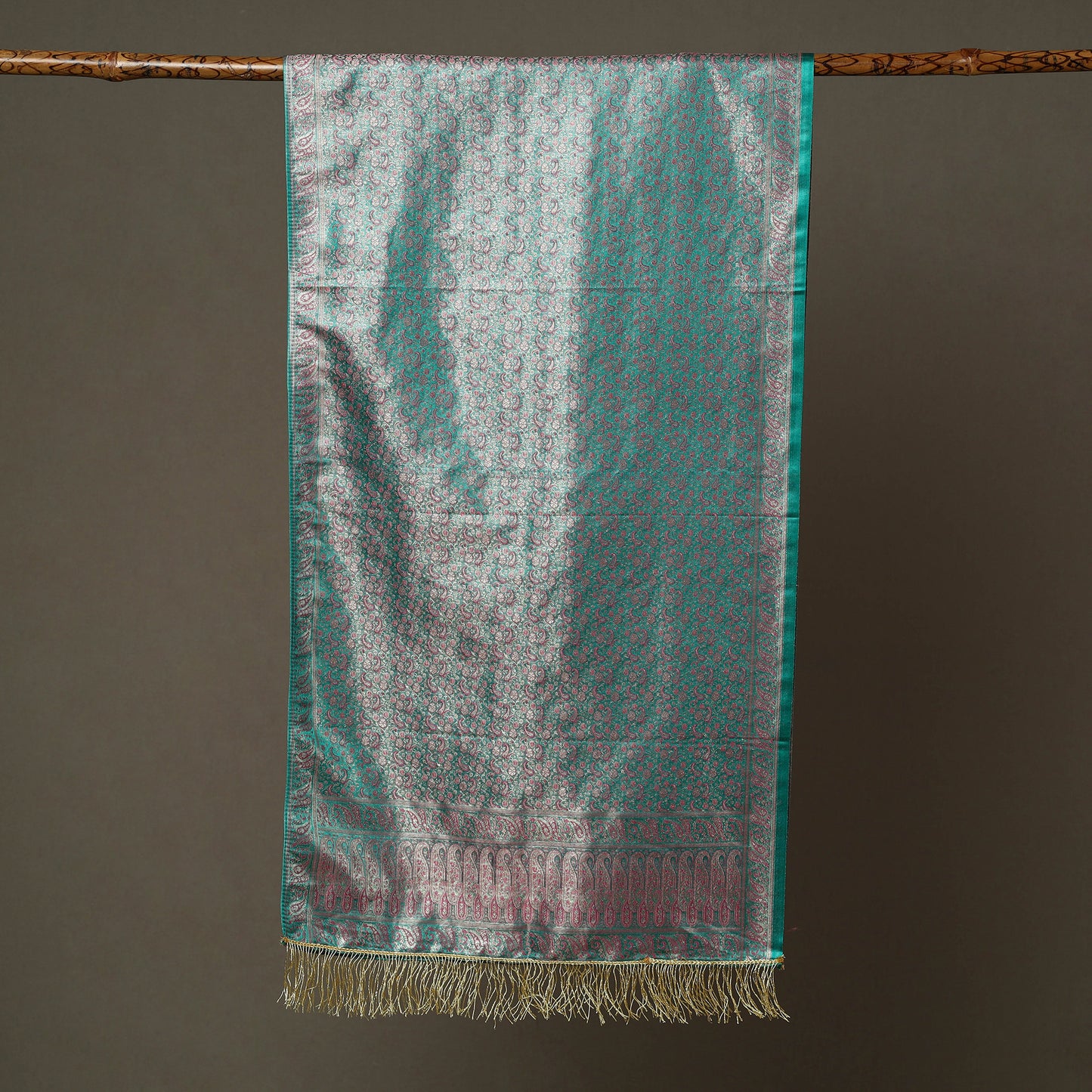 Green - Banarasi Brocade Handloom Mulberry Silk Stole with Tassels 01
