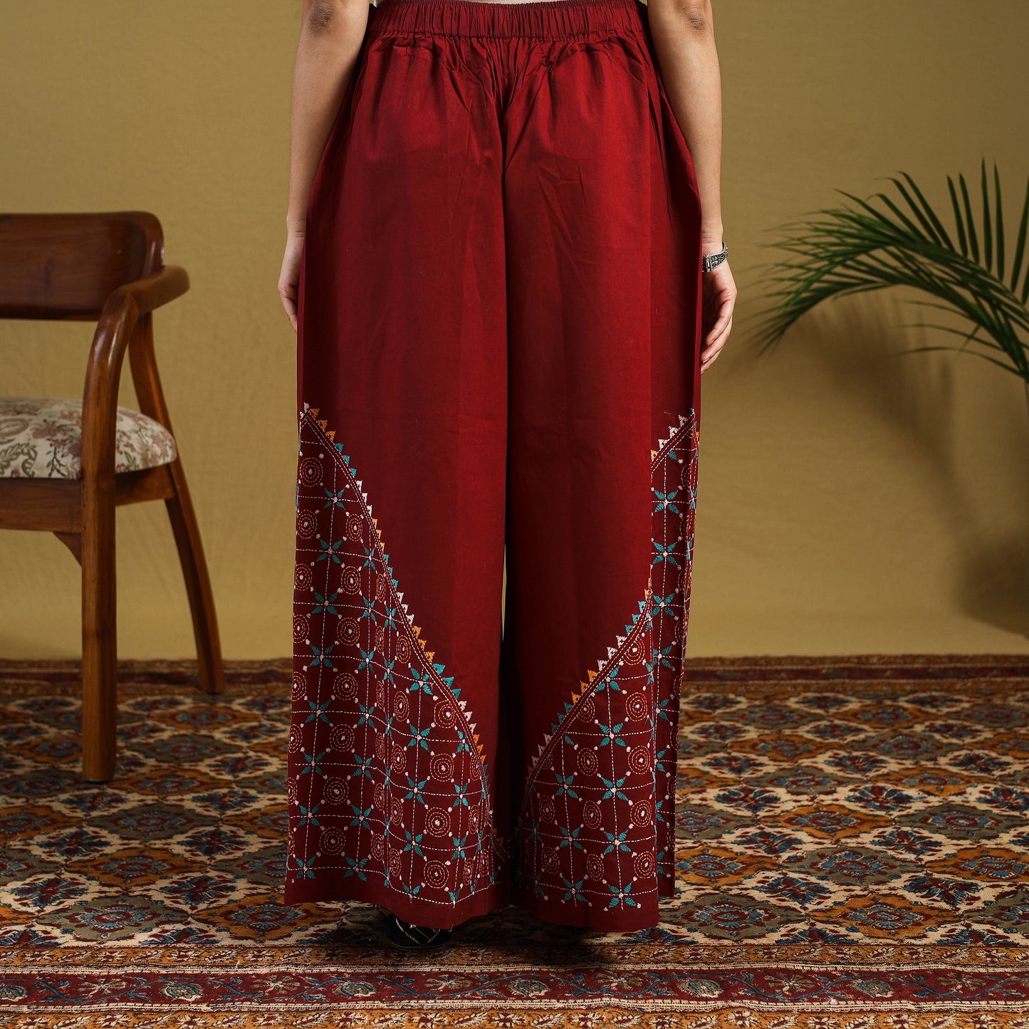 Maroon Cotton Bengal Kantha Hand Embroidery Palazzo
