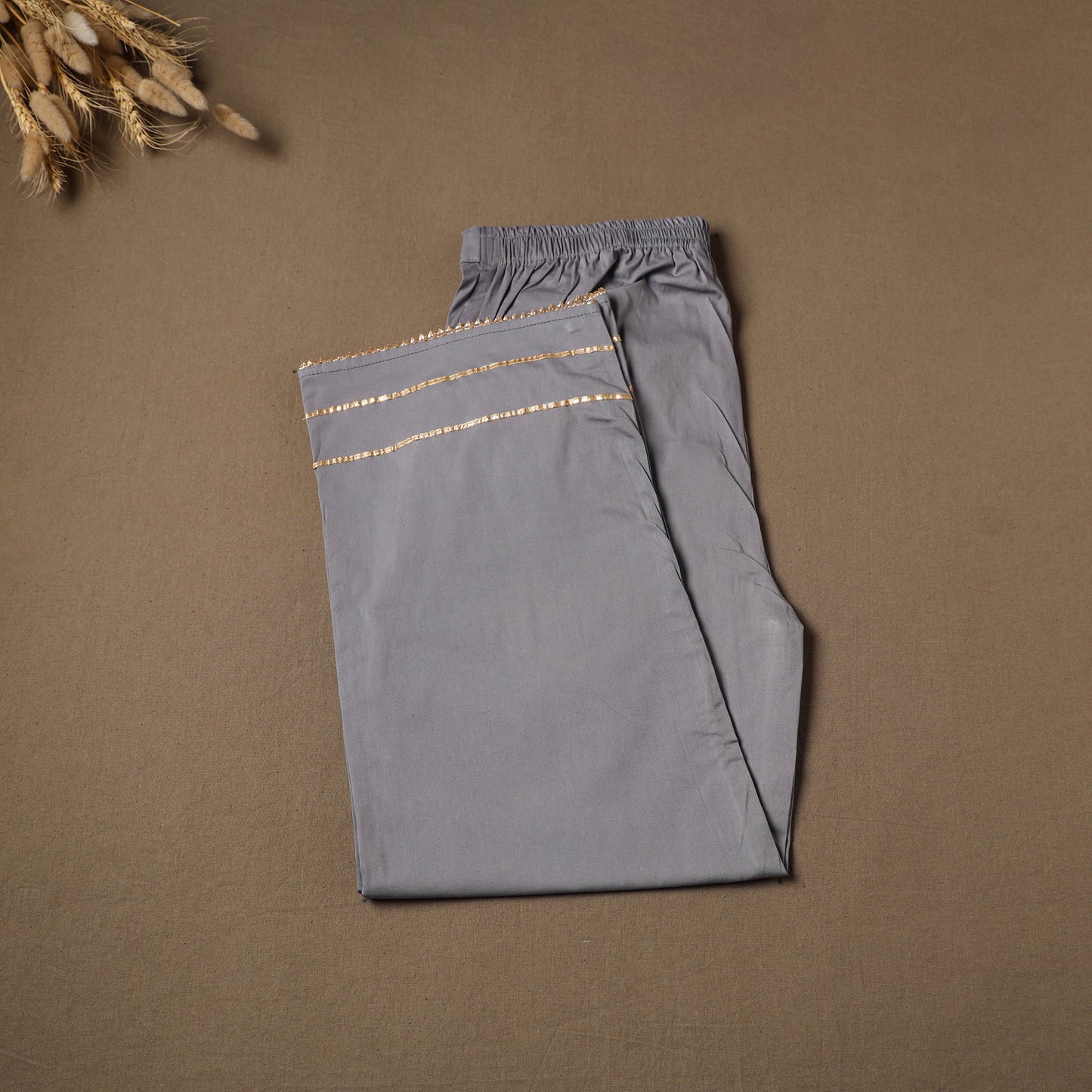 Grey - Gray - Gota Work Cotton Lycra Elasticated Plain Pant for Women 08
