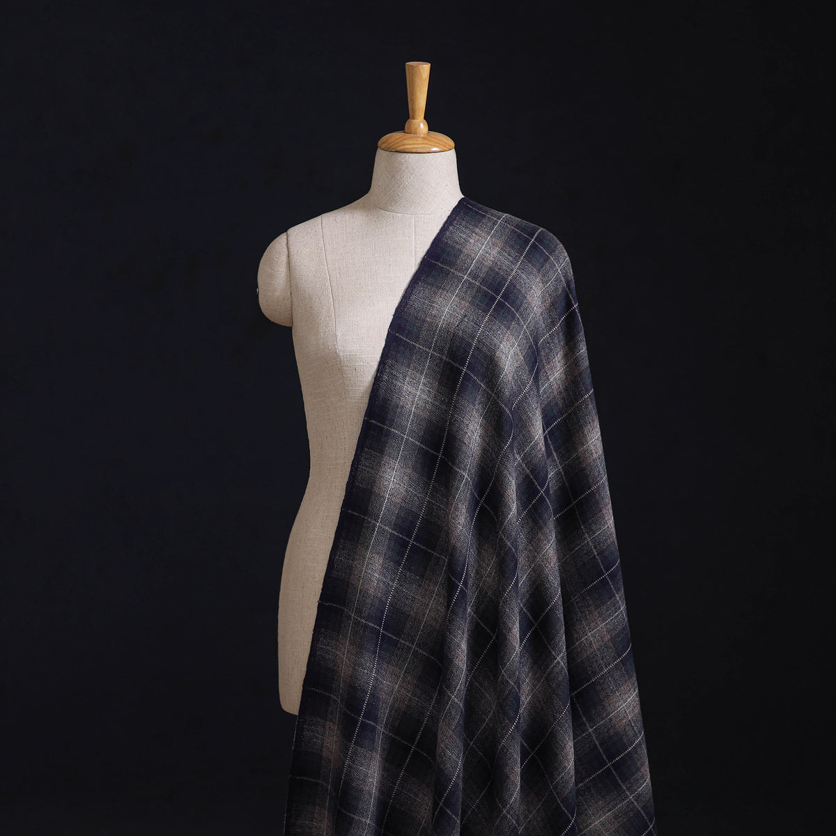 Ladakh Pure Handwoven Sheep Merino Wool Twill Plaid Check Deep Indigo Fabric 01