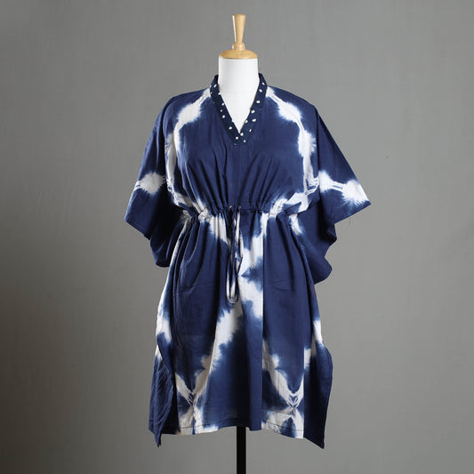 Blue - Shibori Tie-Dye Cotton Kaftan with Tie-Up Waist (Medium)