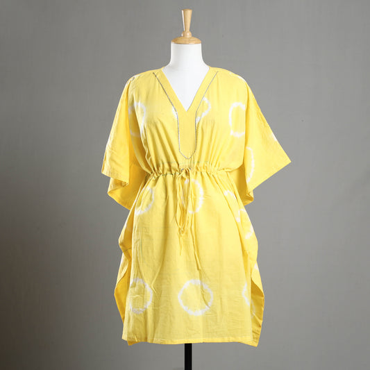 Yellow - Shibori Tie-Dye Cotton Kaftan with Tie-Up Waist (Medium)