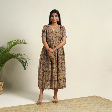 Pedana Block Print Mul Cotton Flared Kalamkari Dress 07