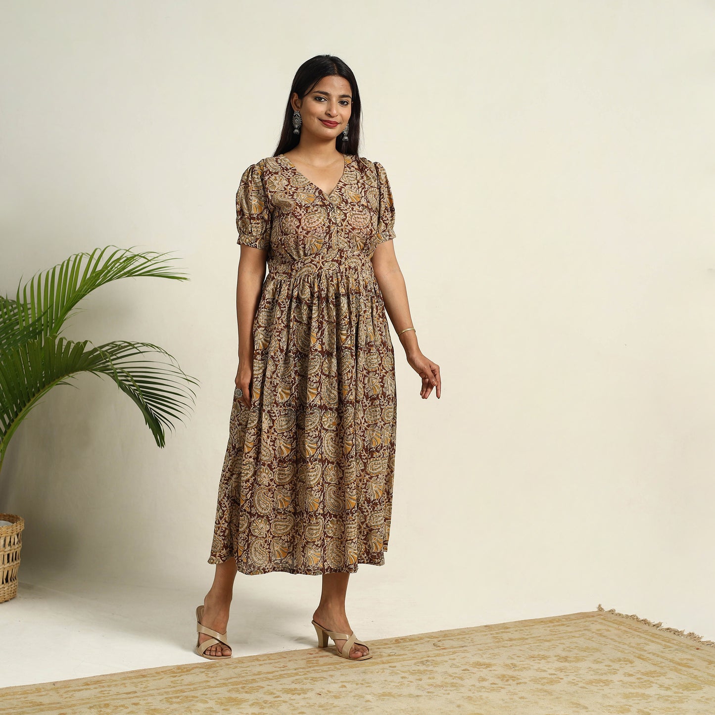Pedana Block Print Mul Cotton Brown Flared Kalamkari Dress
