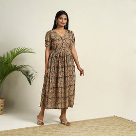 Pedana Block Print Mul Cotton Brown Flared Kalamkari Dress