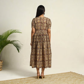 Pedana Block Print Mul Cotton Brown Flared Kalamkari Dress