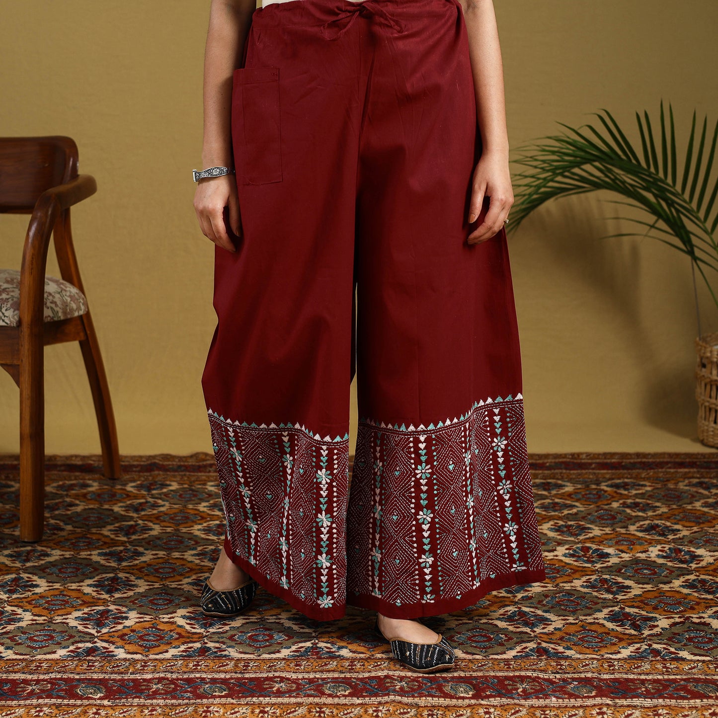 Maroon - cotton bengal kantha hand embroidery palazzo 40