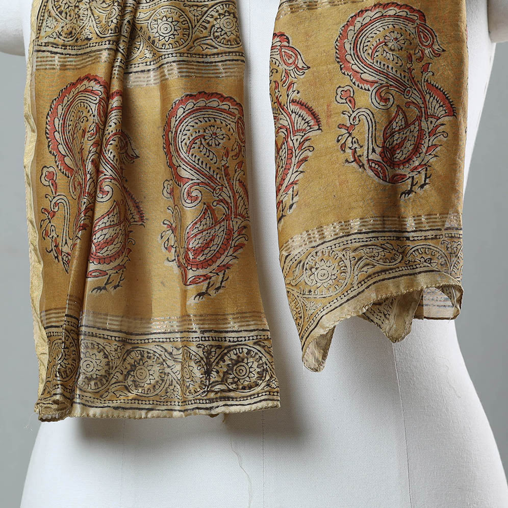 Beige - Pedana Kalamkari Block Printed Chanderi Silk Stole With Zari Border 12