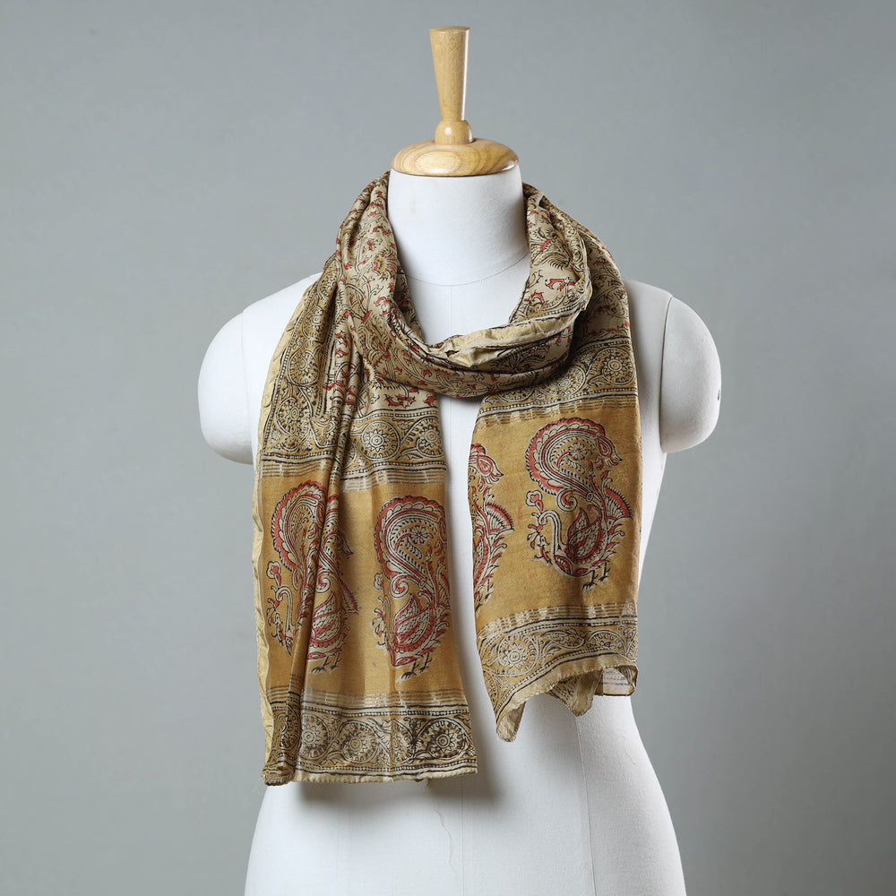 Beige - Pedana Kalamkari Block Printed Chanderi Silk Stole With Zari Border 12