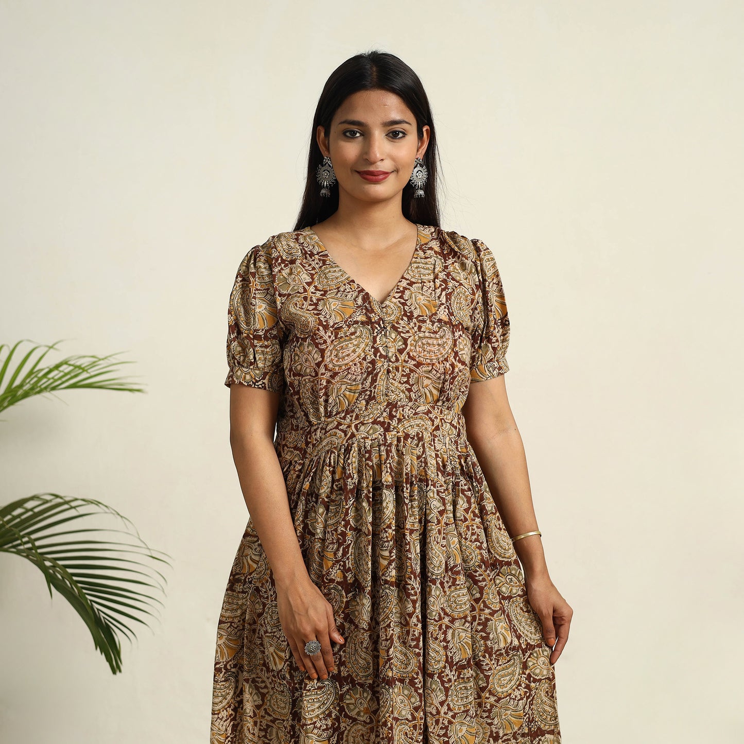 Pedana Block Print Mul Cotton Brown Flared Kalamkari Dress