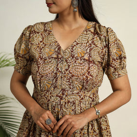 Pedana Block Print Mul Cotton Brown Flared Kalamkari Dress