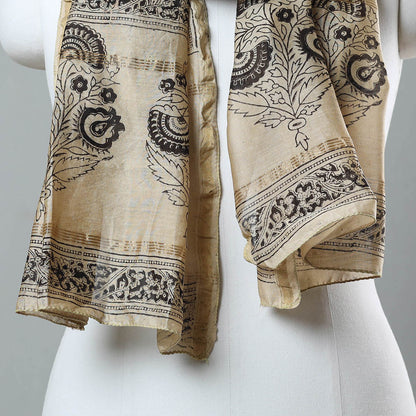Black - Pedana Kalamkari Block Printed Chanderi Silk Stole With Zari Border 15