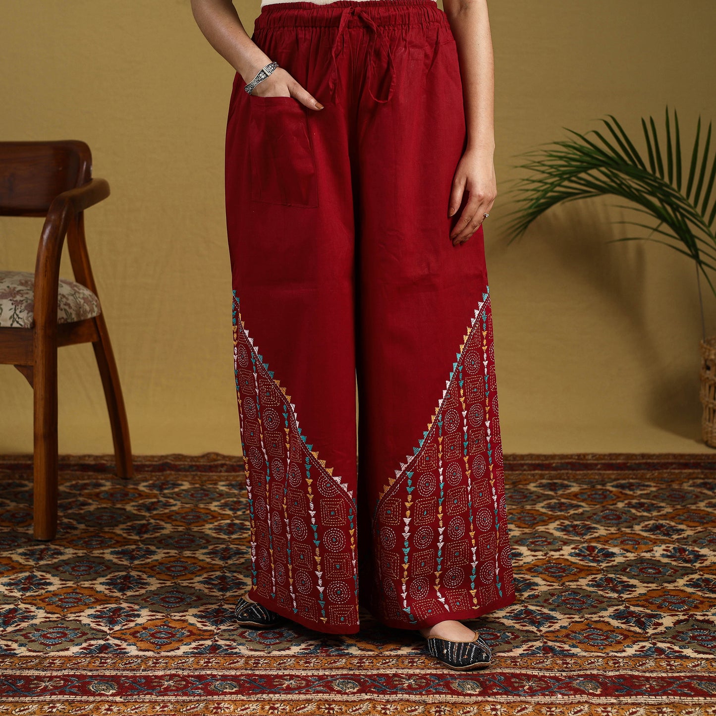 Red Cotton Bengal Kantha Hand Embroidery Palazzo