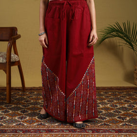 Red Cotton Bengal Kantha Hand Embroidery Palazzo