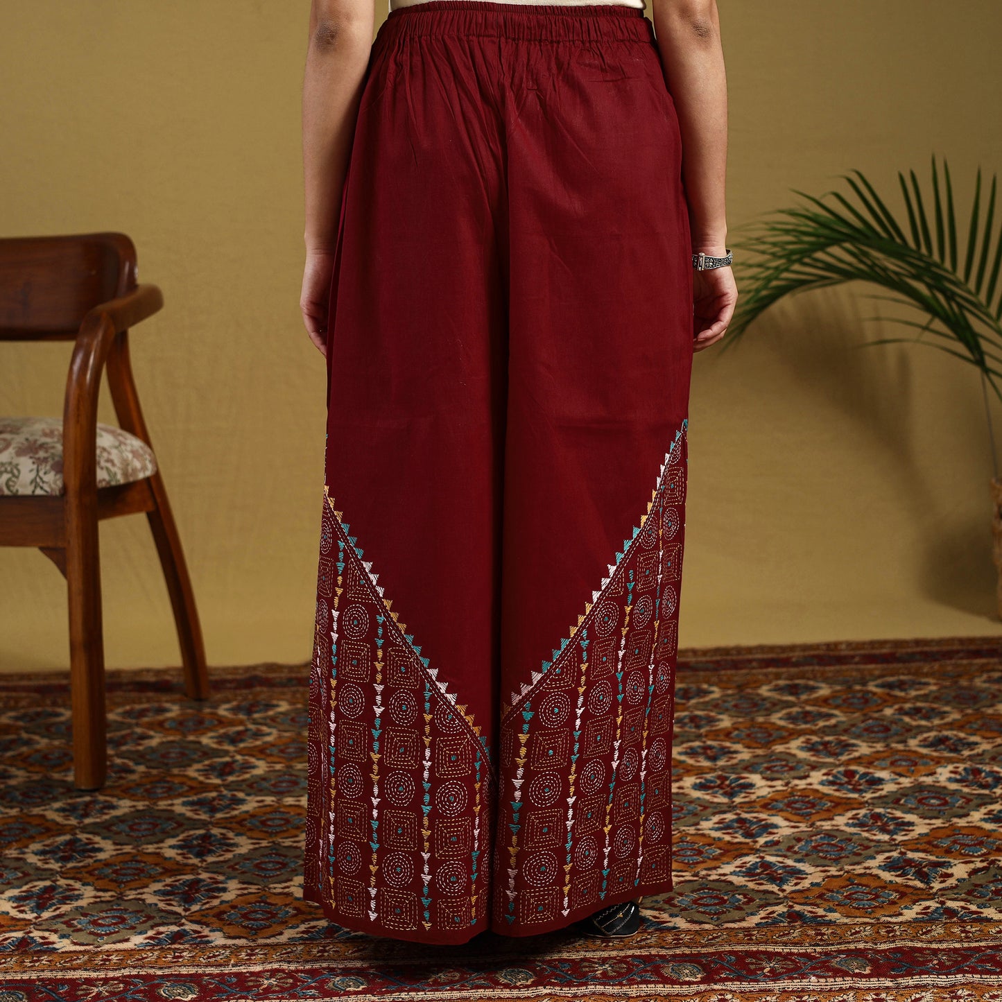 Red Cotton Bengal Kantha Hand Embroidery Palazzo