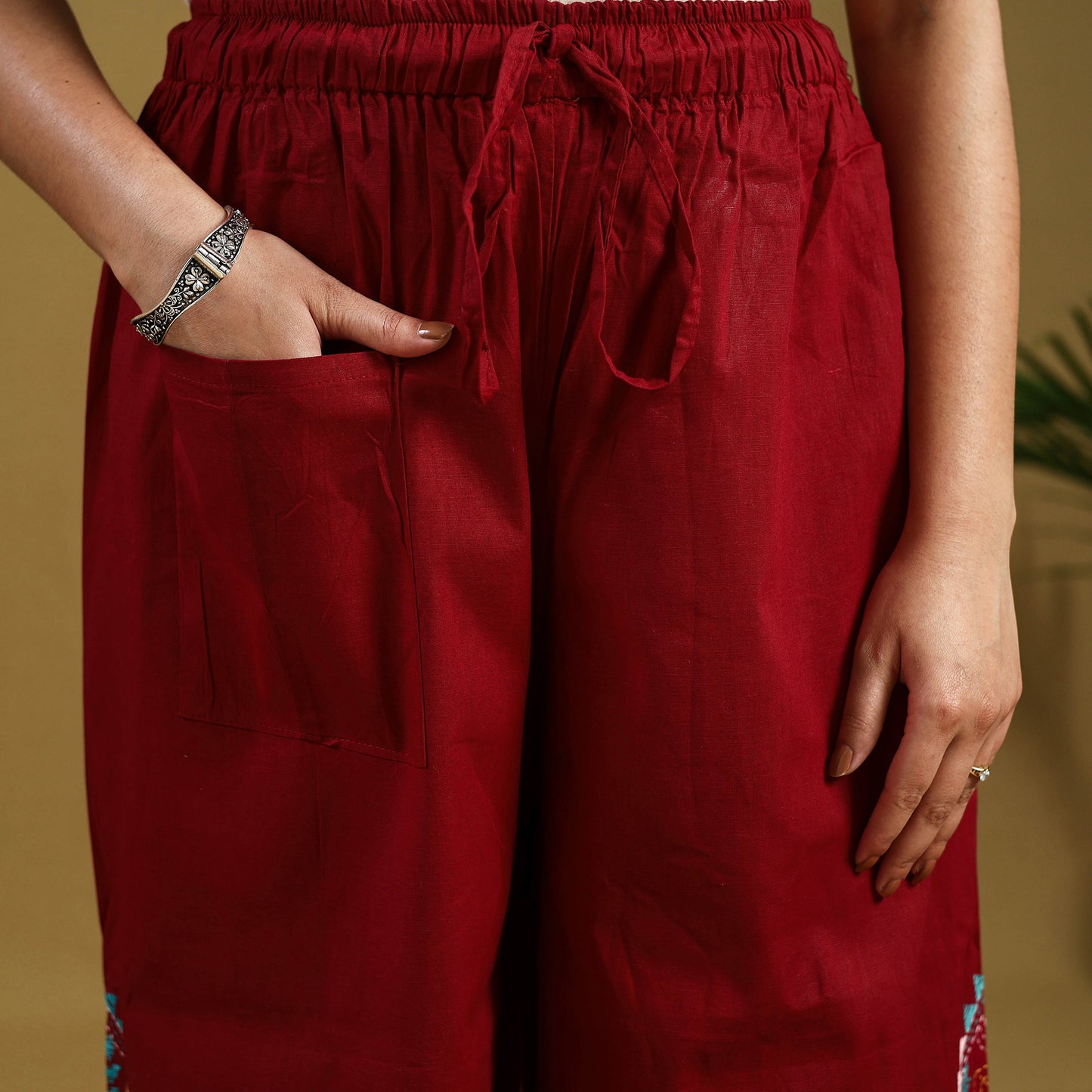 Red Cotton Bengal Kantha Hand Embroidery Palazzo