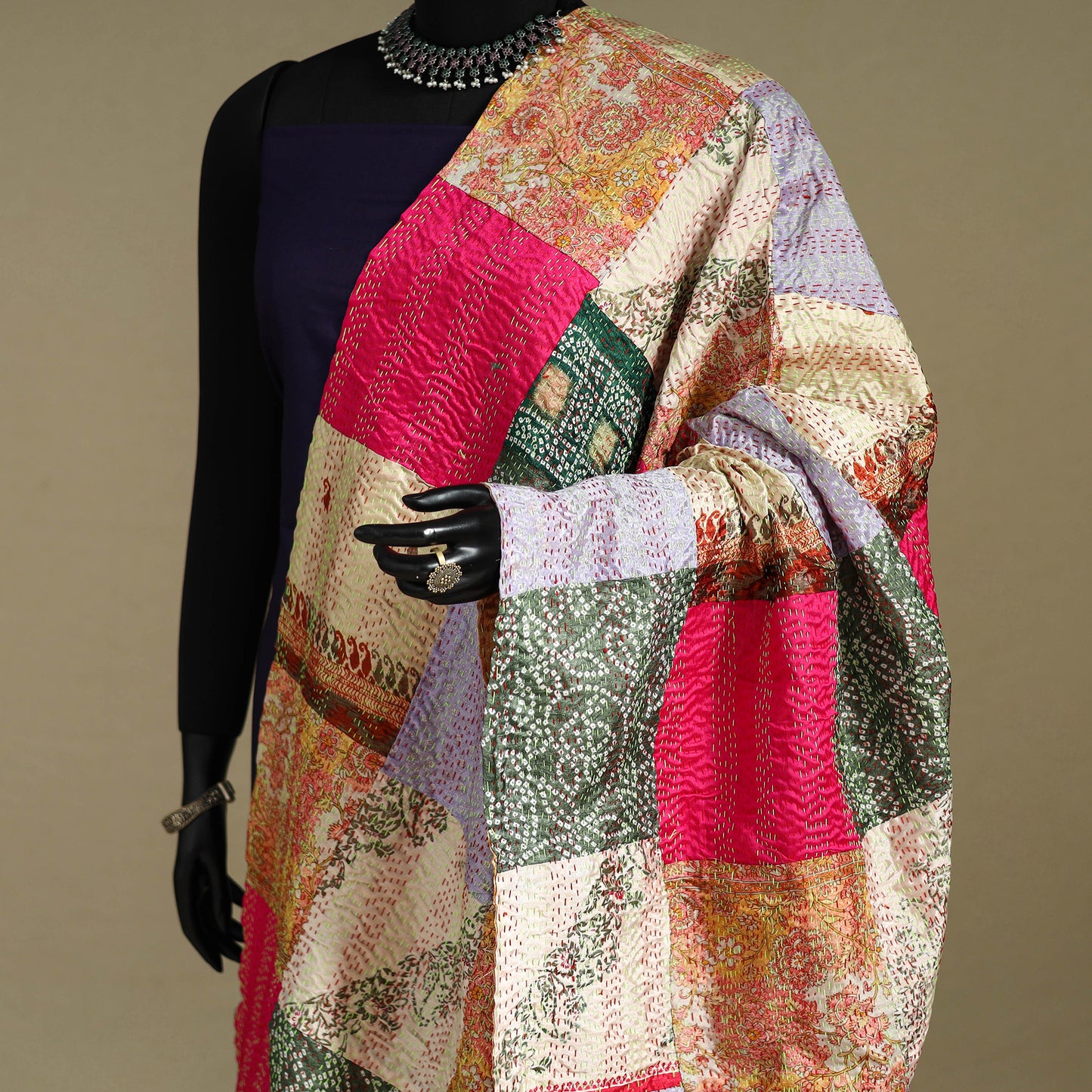 Multicolor - patchwork reversible silk bengal kantha work
