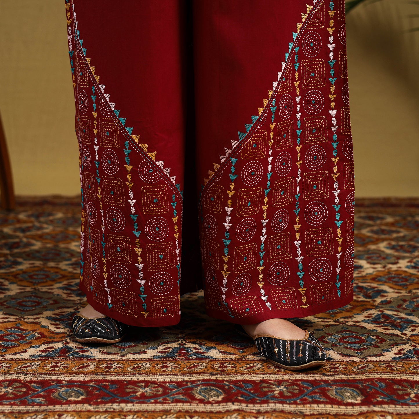 Red Cotton Bengal Kantha Hand Embroidery Palazzo